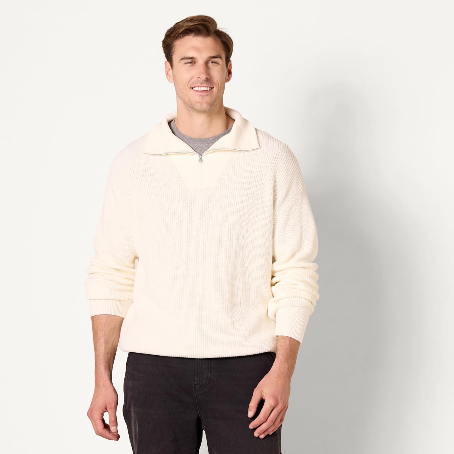 image:imageAmazon Essentials Mens QuarterZip RibKnit RelaxedFit Cotton SweaterEggshell White