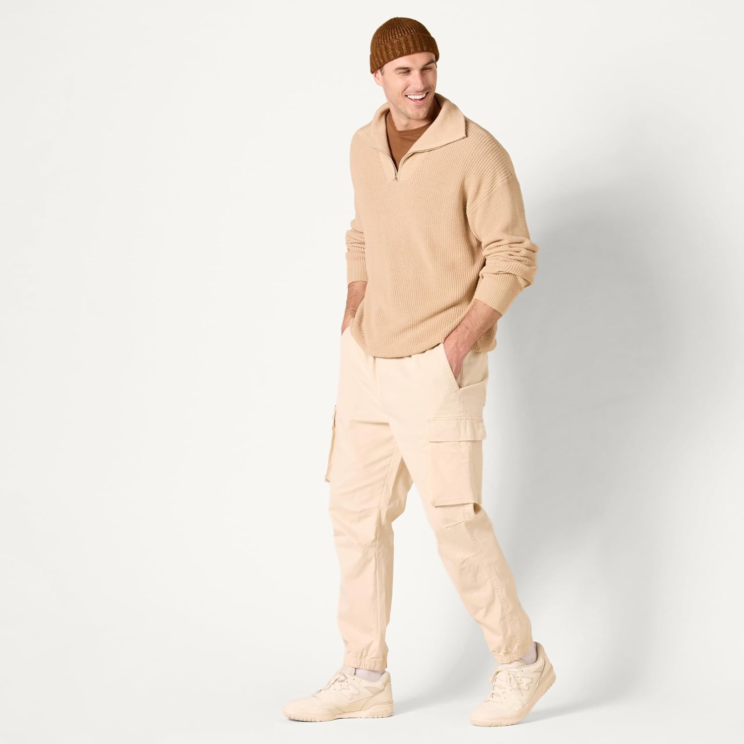 image:imageAmazon Essentials Mens QuarterZip RibKnit RelaxedFit Cotton SweaterLight Camel