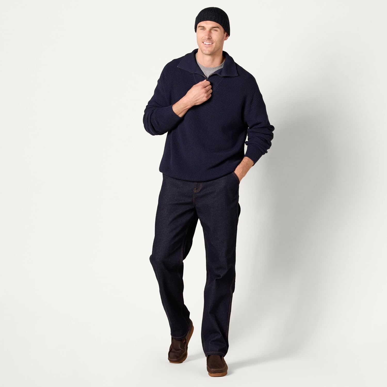 image:imageAmazon Essentials Mens QuarterZip RibKnit RelaxedFit Cotton SweaterNavy