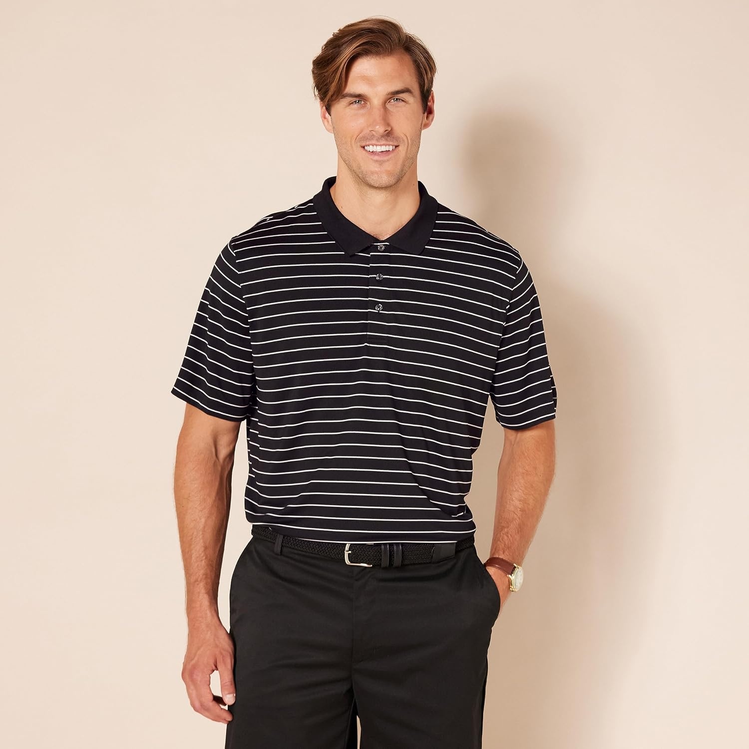 image:imageAmazon Essentials Mens Regular Fit Golf Polo Shirt MoistureWicking Quick Dry Recycled Polyester Short SleeveAnthracite Polo Stripe