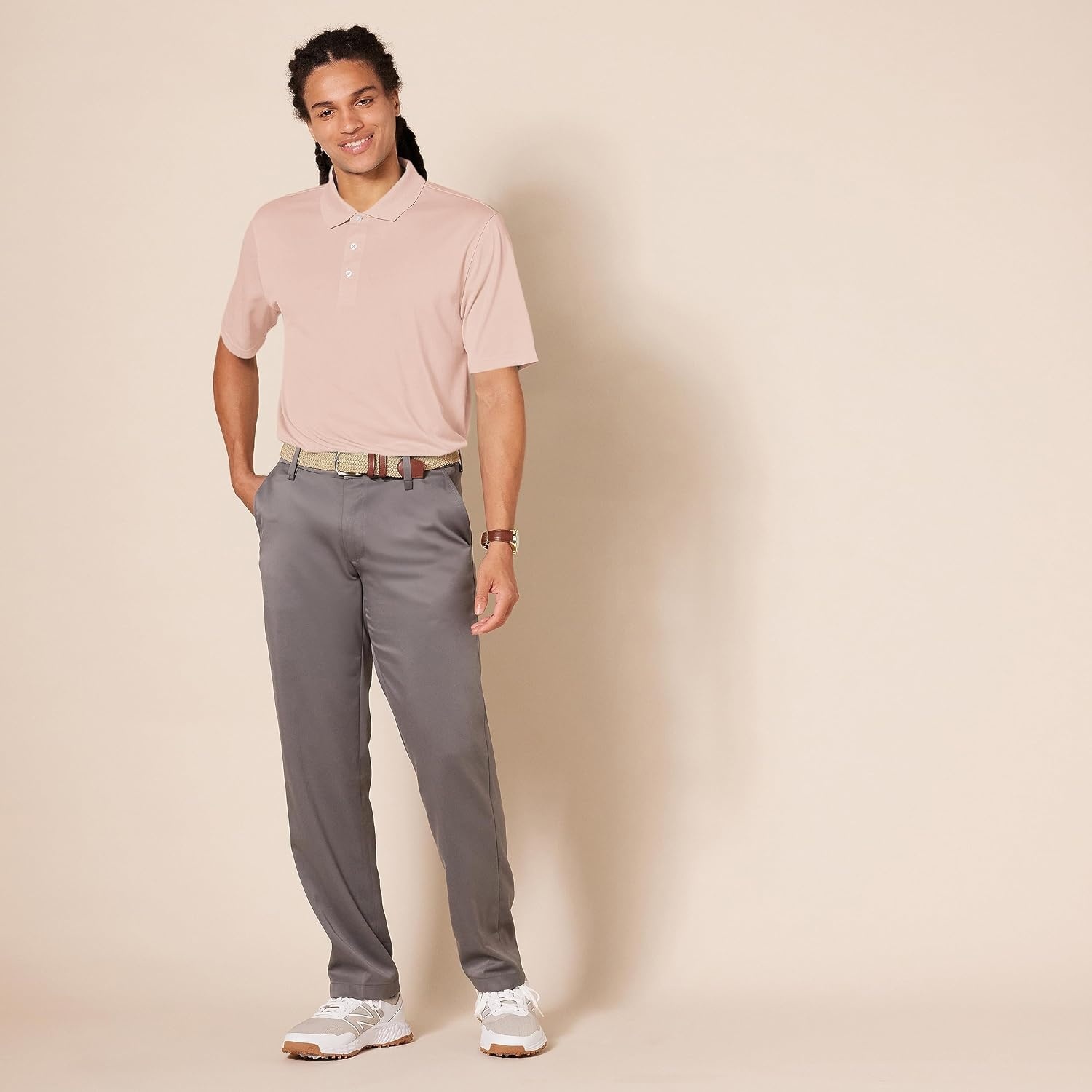 image:imageAmazon Essentials Mens Regular Fit Golf Polo Shirt MoistureWicking Quick Dry Recycled Polyester Short SleeveLight Pink