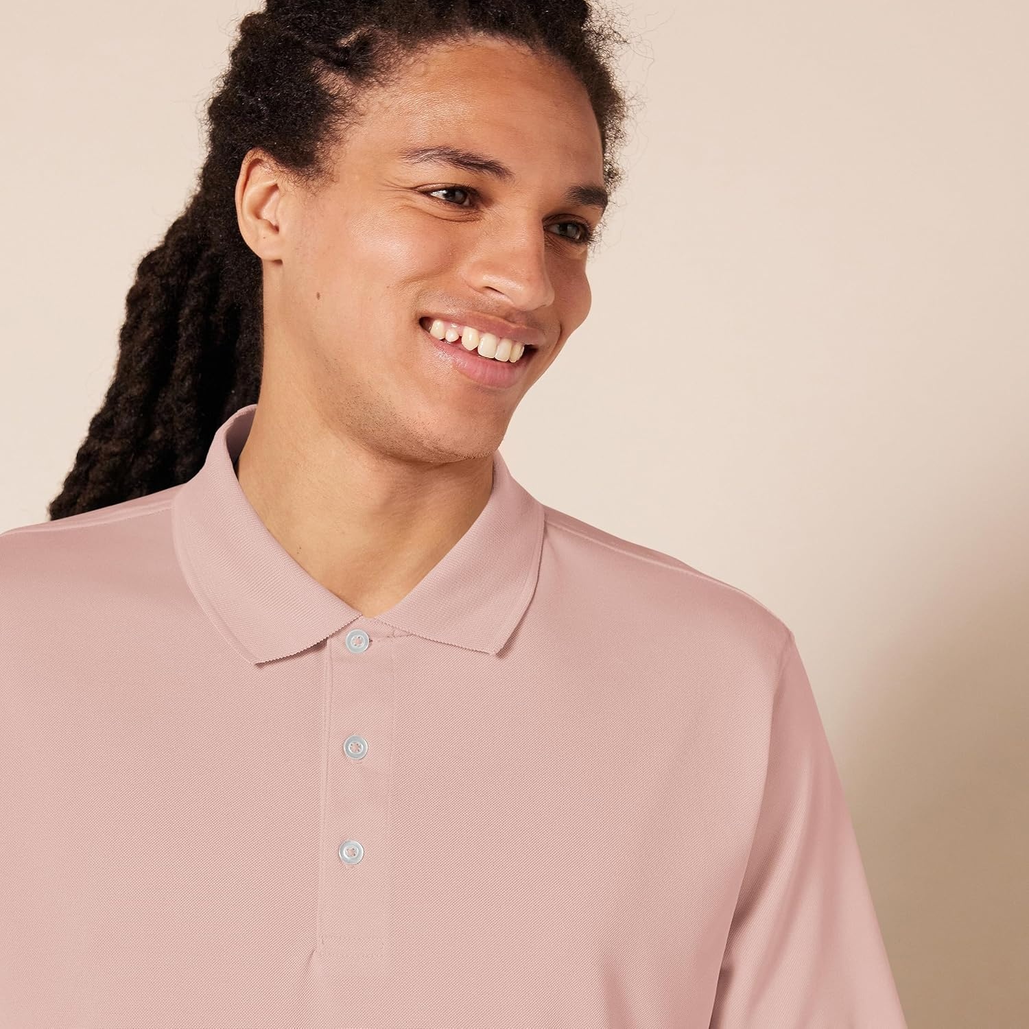 image:imageAmazon Essentials Mens Regular Fit Golf Polo Shirt MoistureWicking Quick Dry Recycled Polyester Short SleeveLight Pink