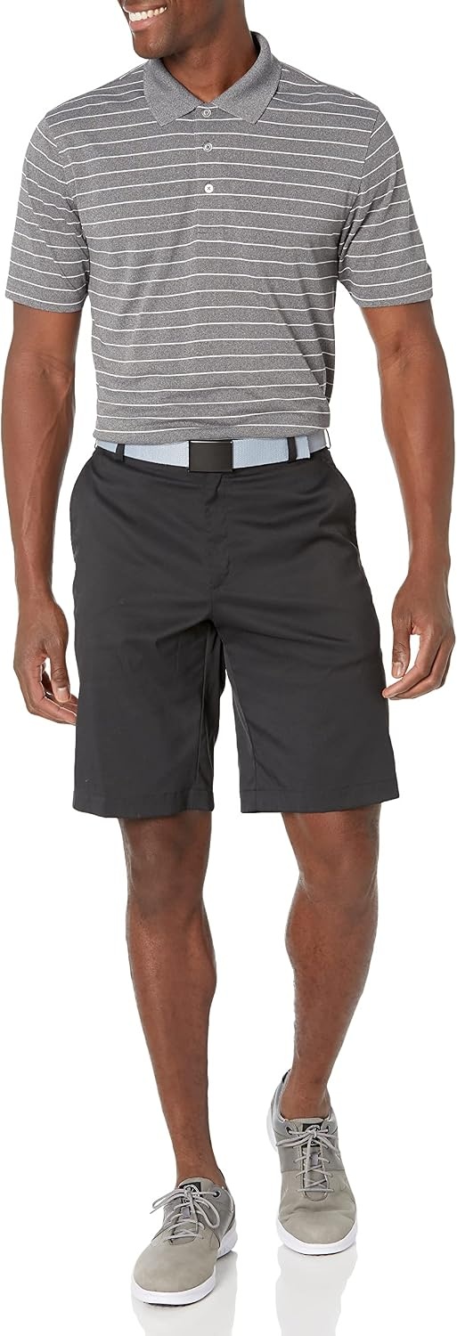 image:imageAmazon Essentials Mens Regular Fit Golf Polo Shirt MoistureWicking Quick Dry Recycled Polyester Short SleeveMedium Grey Heather White Stripe