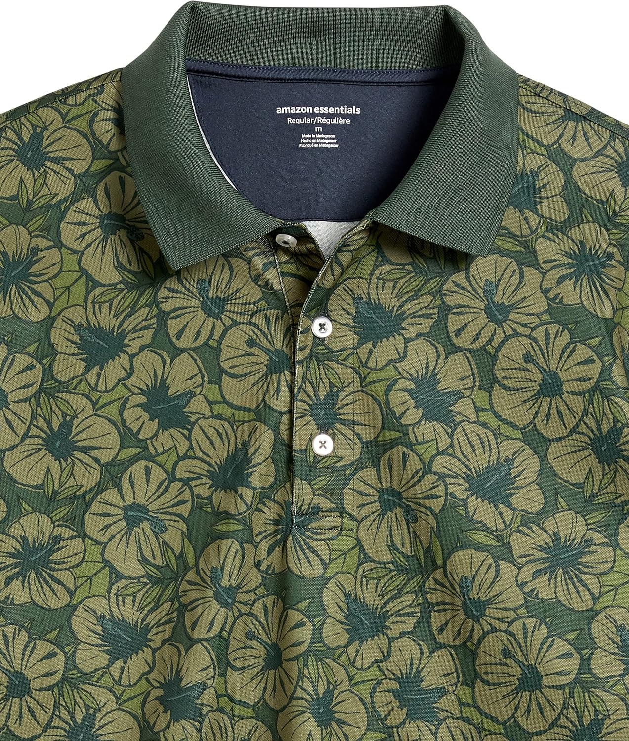 image:imageAmazon Essentials Mens Regular Fit Golf Polo Shirt MoistureWicking Quick Dry Recycled Polyester Short SleeveOlive Hibiscus Flower