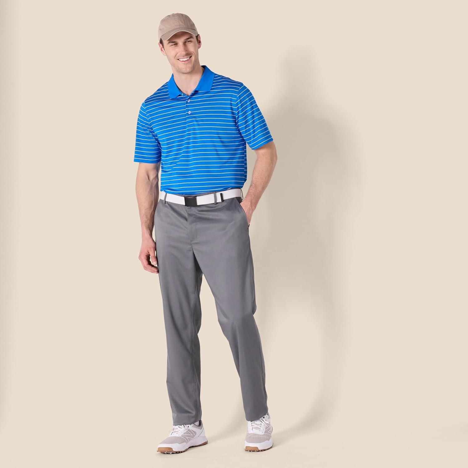 image:imageAmazon Essentials Mens Regular Fit Golf Polo Shirt MoistureWicking Quick Dry Recycled Polyester Short SleeveRoyal Blue White Mini Stripe