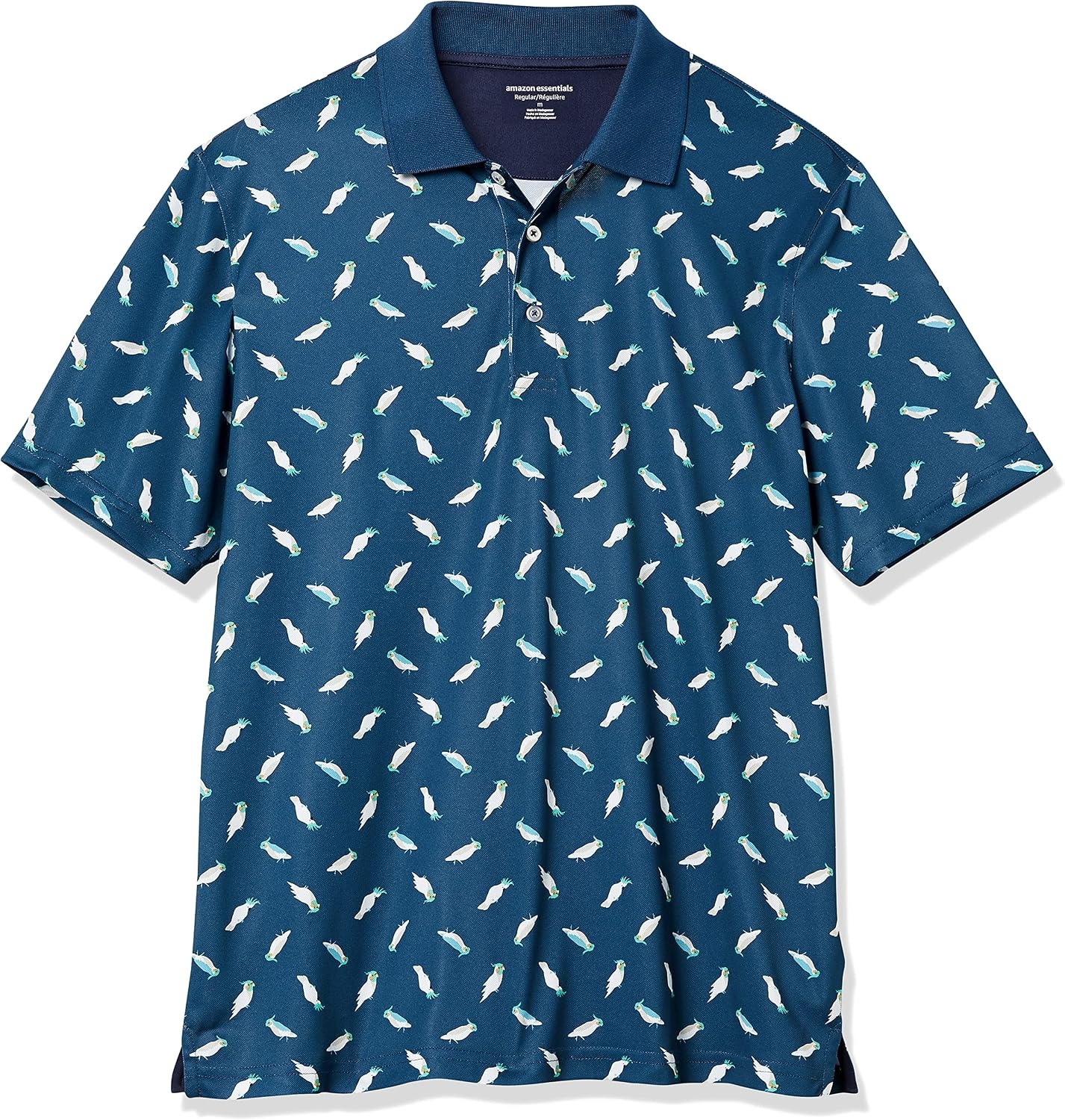 image:imageAmazon Essentials Mens Regular Fit Golf Polo Shirt MoistureWicking Quick Dry Recycled Polyester Short SleeveTeal Blue Birds Print