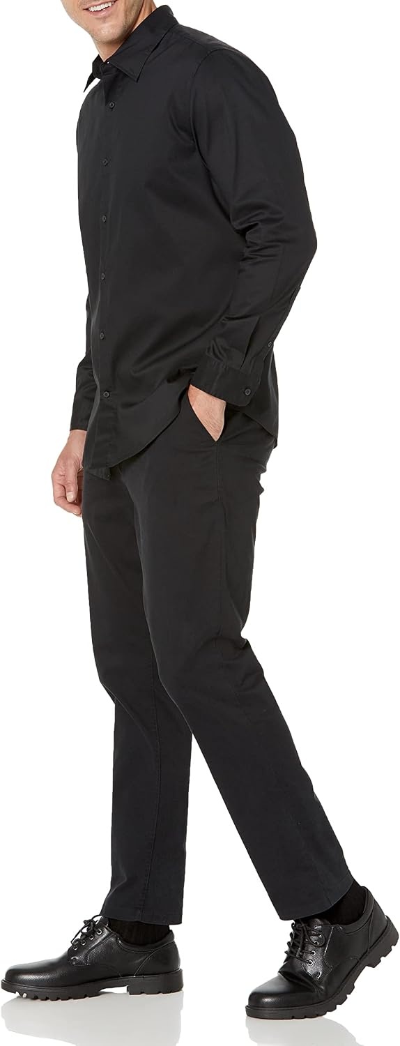 image:imageAmazon Essentials Mens Regular Fit Long Sleeve Wrinkle Resistant Stretch Dress ShirtBlack