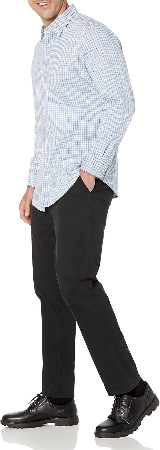 image:imageAmazon Essentials Mens Regular Fit Long Sleeve Wrinkle Resistant Stretch Dress ShirtBlue White Grid Check
