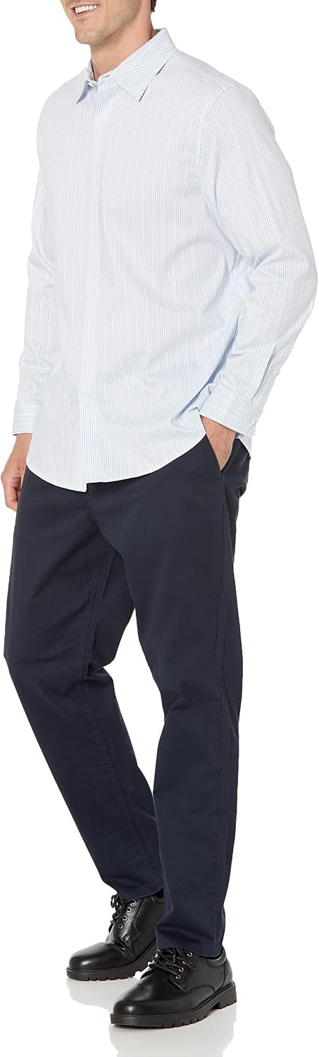 image:imageAmazon Essentials Mens Regular Fit Long Sleeve Wrinkle Resistant Stretch Dress ShirtBlue White Pinstripe