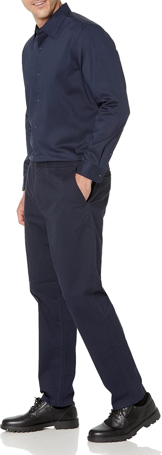 image:imageAmazon Essentials Mens Regular Fit Long Sleeve Wrinkle Resistant Stretch Dress ShirtNavy