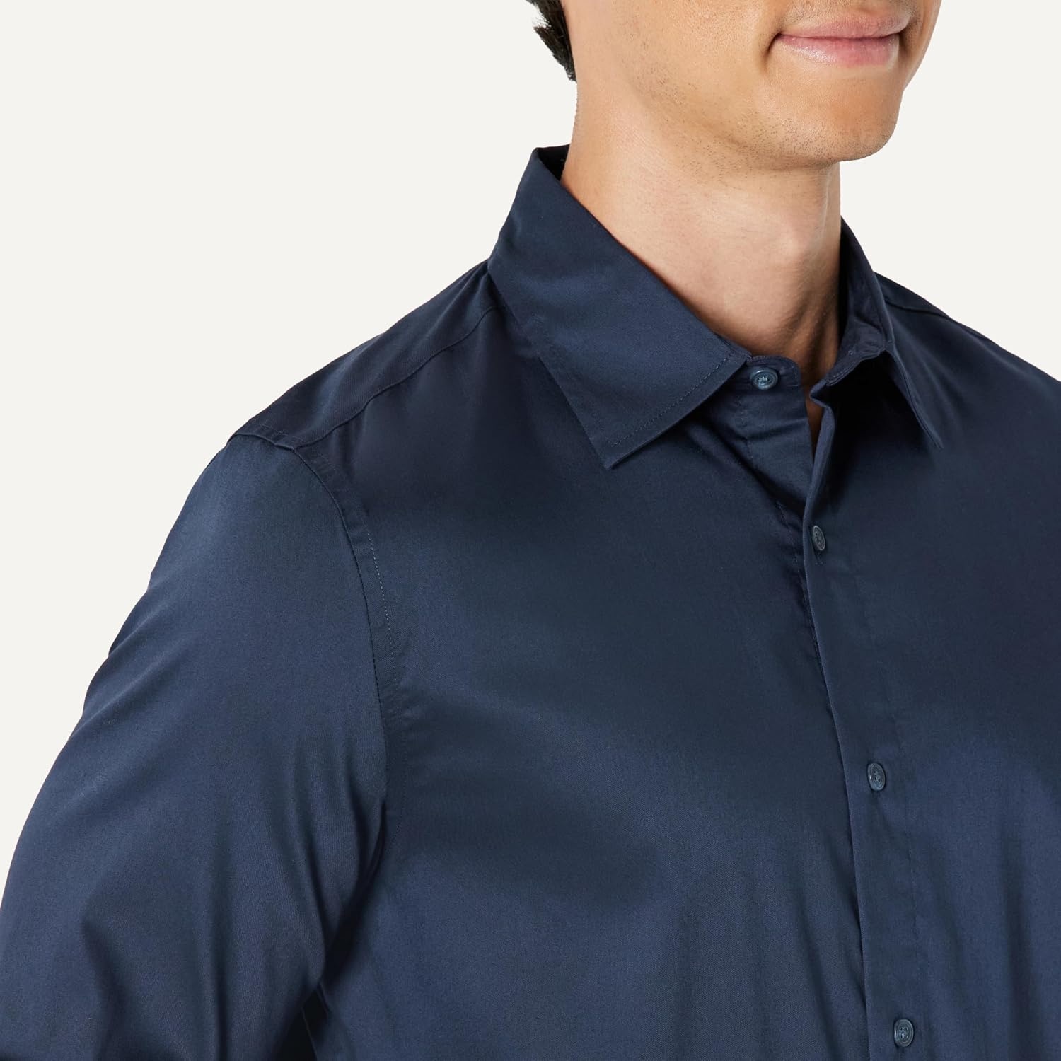 image:imageAmazon Essentials Mens Regular Fit Long Sleeve Wrinkle Resistant Stretch Dress ShirtNavy