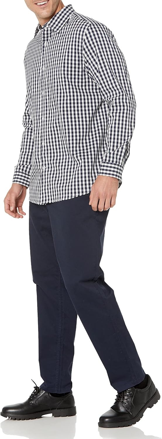 image:imageAmazon Essentials Mens Regular Fit Long Sleeve Wrinkle Resistant Stretch Dress ShirtWhite Gingham