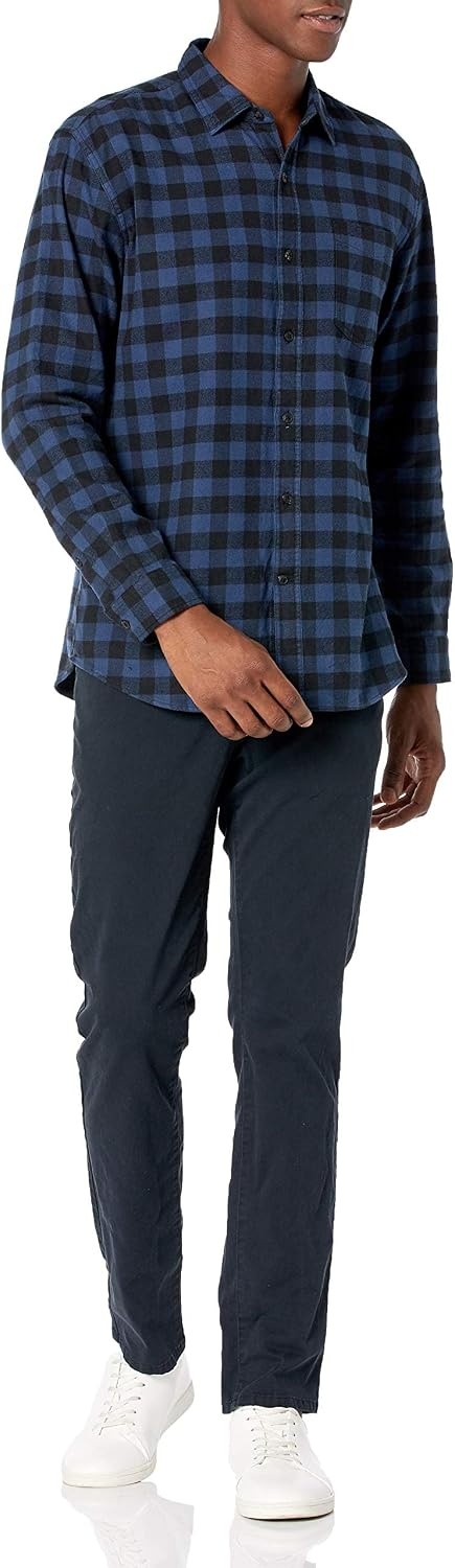 image:imageAmazon Essentials Mens Regular Fit LongSleeve Flannel Shirt Soft Brushed Cotton Lightweight yet WarmBlack Blue Buffalo Plaid