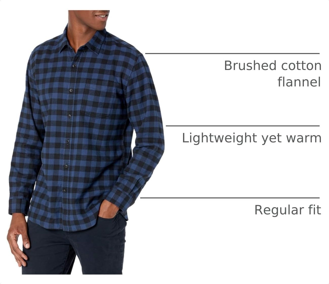 image:imageAmazon Essentials Mens Regular Fit LongSleeve Flannel Shirt Soft Brushed Cotton Lightweight yet WarmBlack Blue Buffalo Plaid