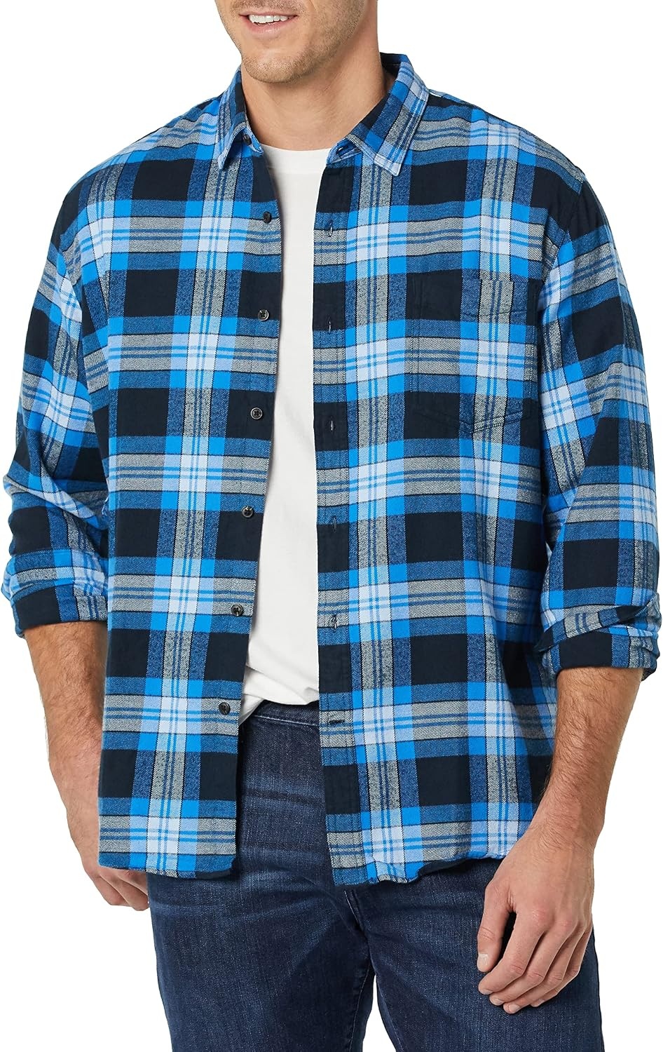 image:imageAmazon Essentials Mens Regular Fit LongSleeve Flannel Shirt Soft Brushed Cotton Lightweight yet WarmBlack Blue Grey Tartan Plaid