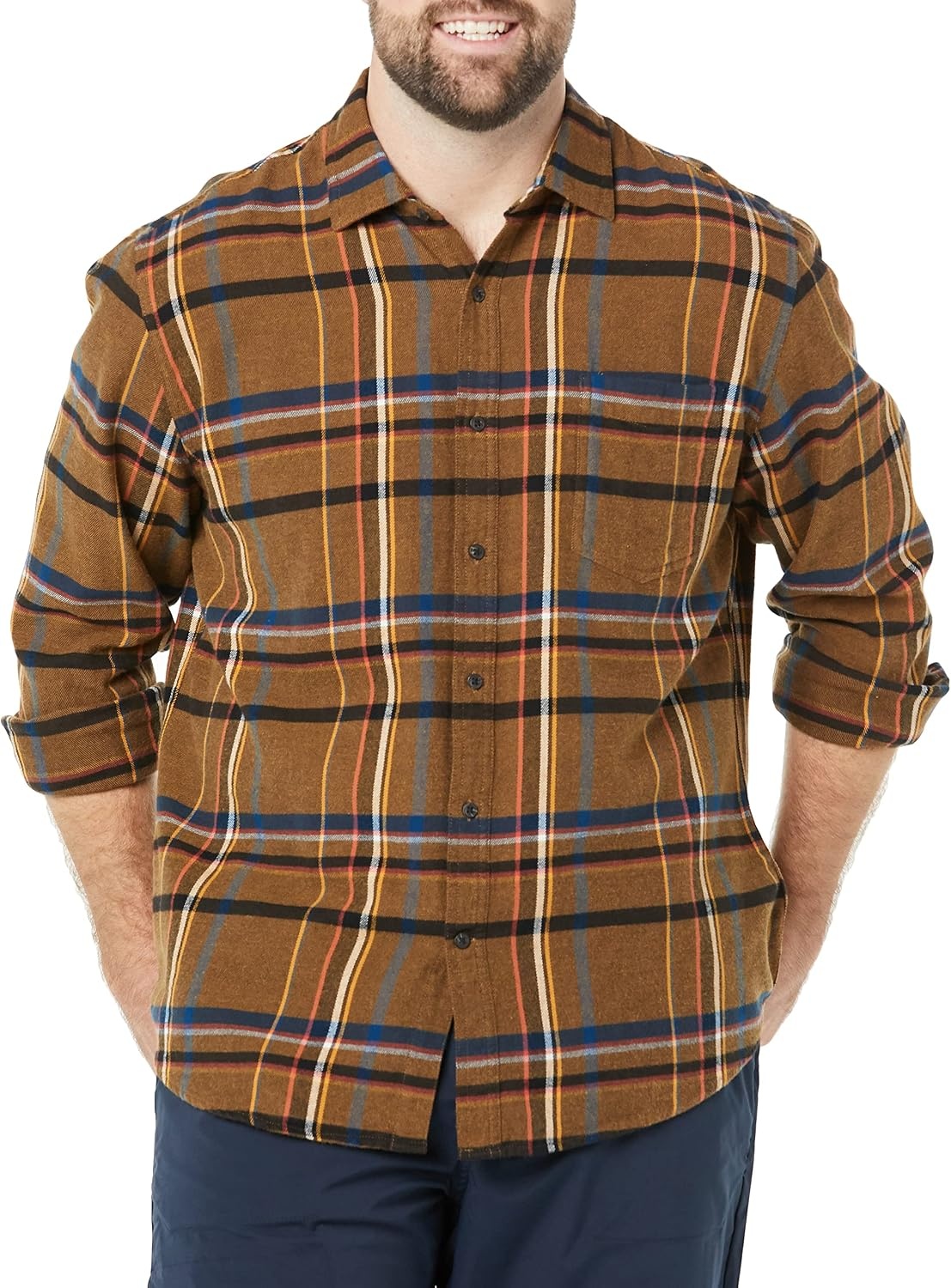 image:imageAmazon Essentials Mens Regular Fit LongSleeve Flannel Shirt Soft Brushed Cotton Lightweight yet WarmBlack Brown Mix Plaid