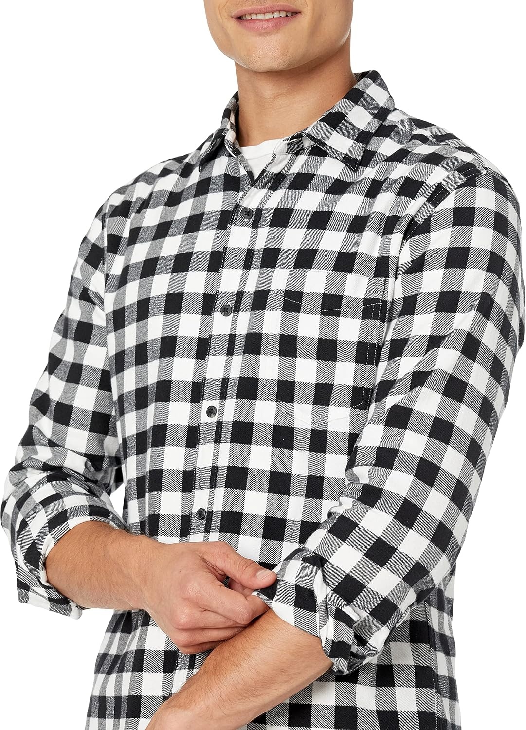image:imageAmazon Essentials Mens Regular Fit LongSleeve Flannel Shirt Soft Brushed Cotton Lightweight yet WarmBlack Buffalo Plaid