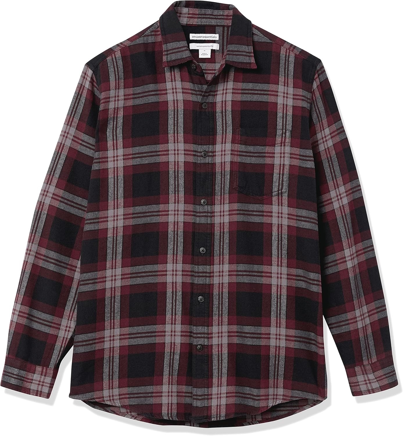 image:imageAmazon Essentials Mens Regular Fit LongSleeve Flannel Shirt Soft Brushed Cotton Lightweight yet WarmBlack Burgundy Grey Plaid
