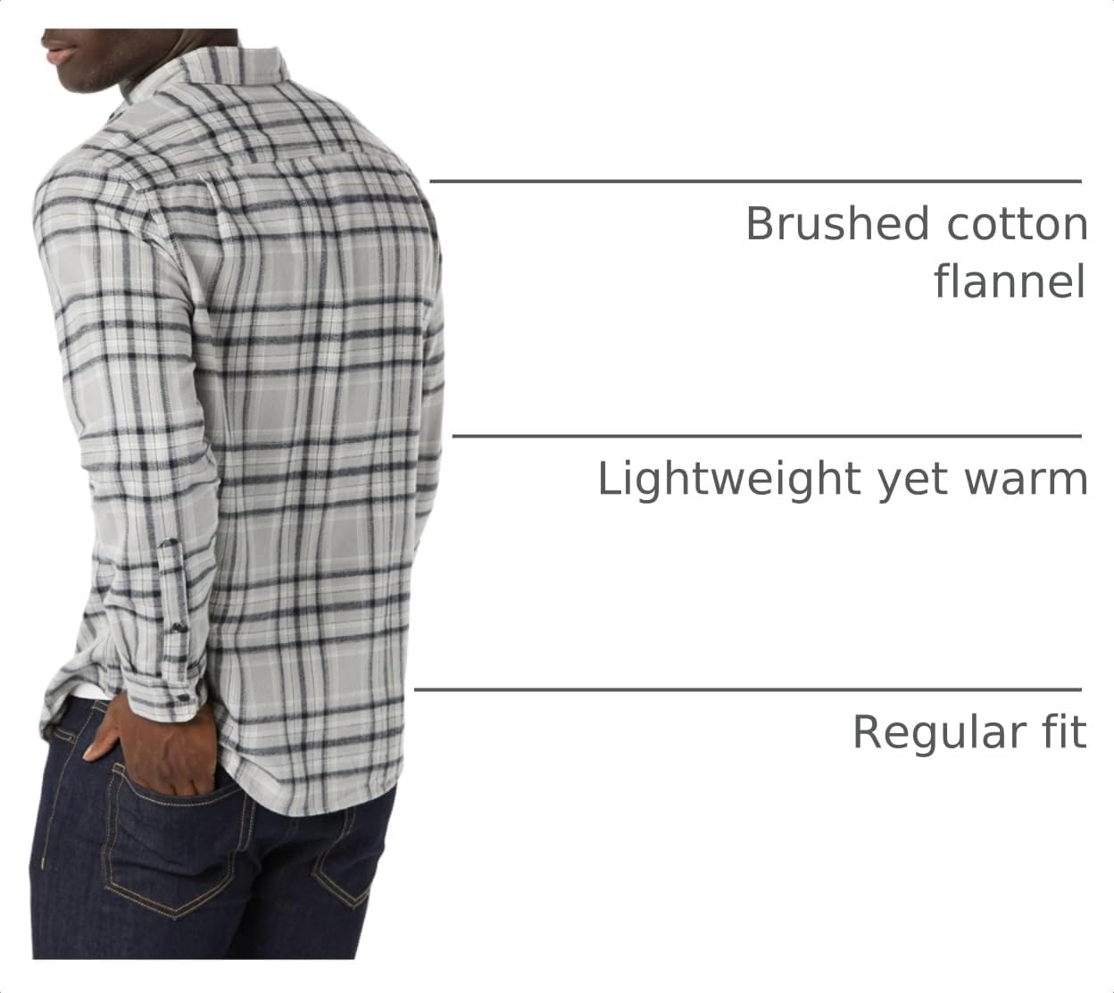 image:imageAmazon Essentials Mens Regular Fit LongSleeve Flannel Shirt Soft Brushed Cotton Lightweight yet WarmBlack Light Grey Plaid