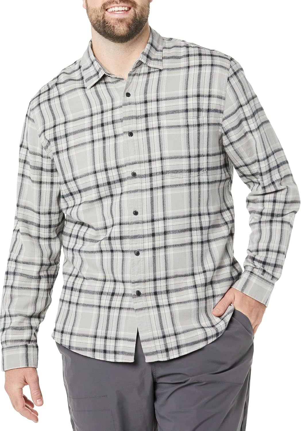 image:imageAmazon Essentials Mens Regular Fit LongSleeve Flannel Shirt Soft Brushed Cotton Lightweight yet WarmBlack Light Grey Plaid