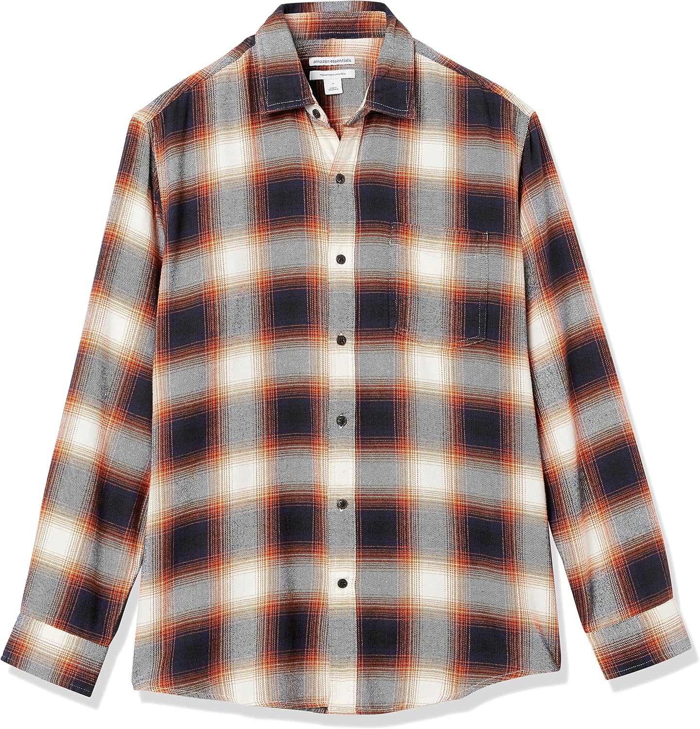 image:imageAmazon Essentials Mens Regular Fit LongSleeve Flannel Shirt Soft Brushed Cotton Lightweight yet WarmBlack Orange Large Plaid