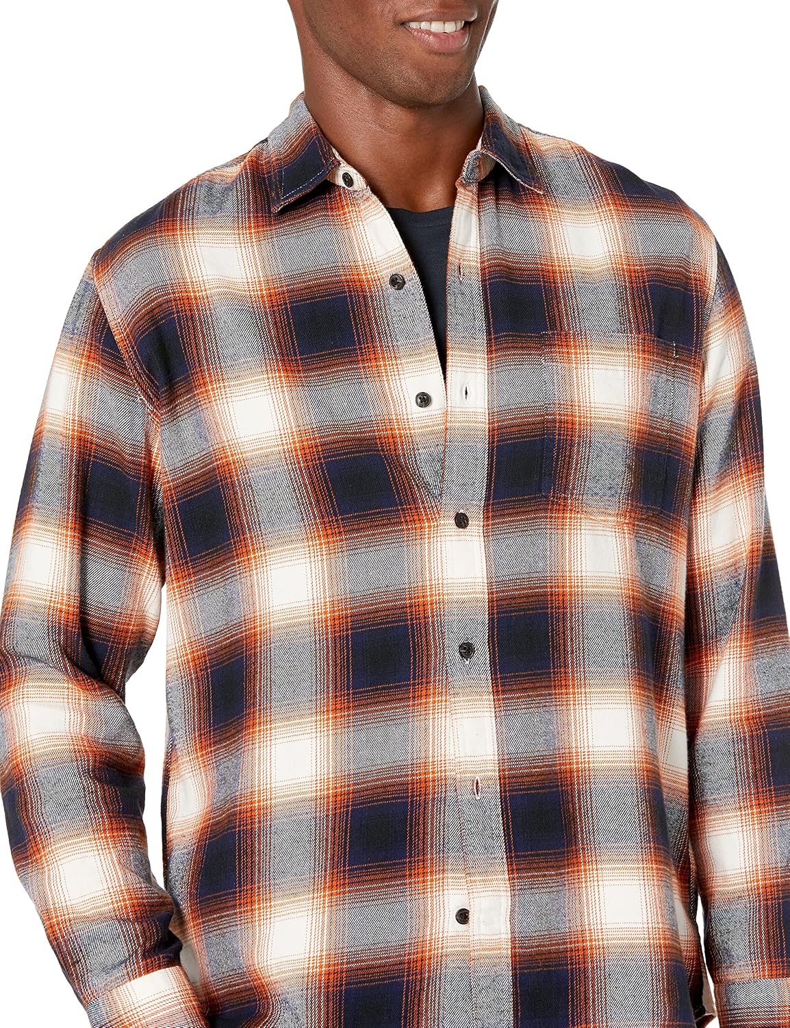 image:imageAmazon Essentials Mens Regular Fit LongSleeve Flannel Shirt Soft Brushed Cotton Lightweight yet WarmBlack Orange Large Plaid