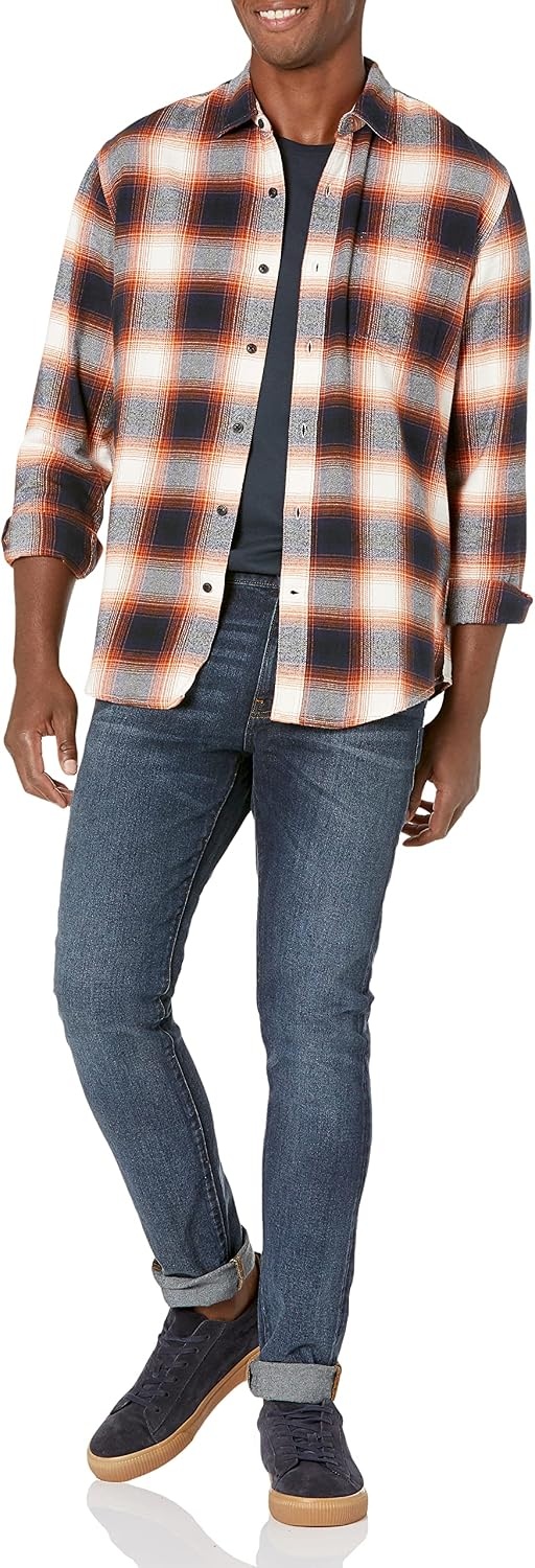 image:imageAmazon Essentials Mens Regular Fit LongSleeve Flannel Shirt Soft Brushed Cotton Lightweight yet WarmBlack Orange Large Plaid