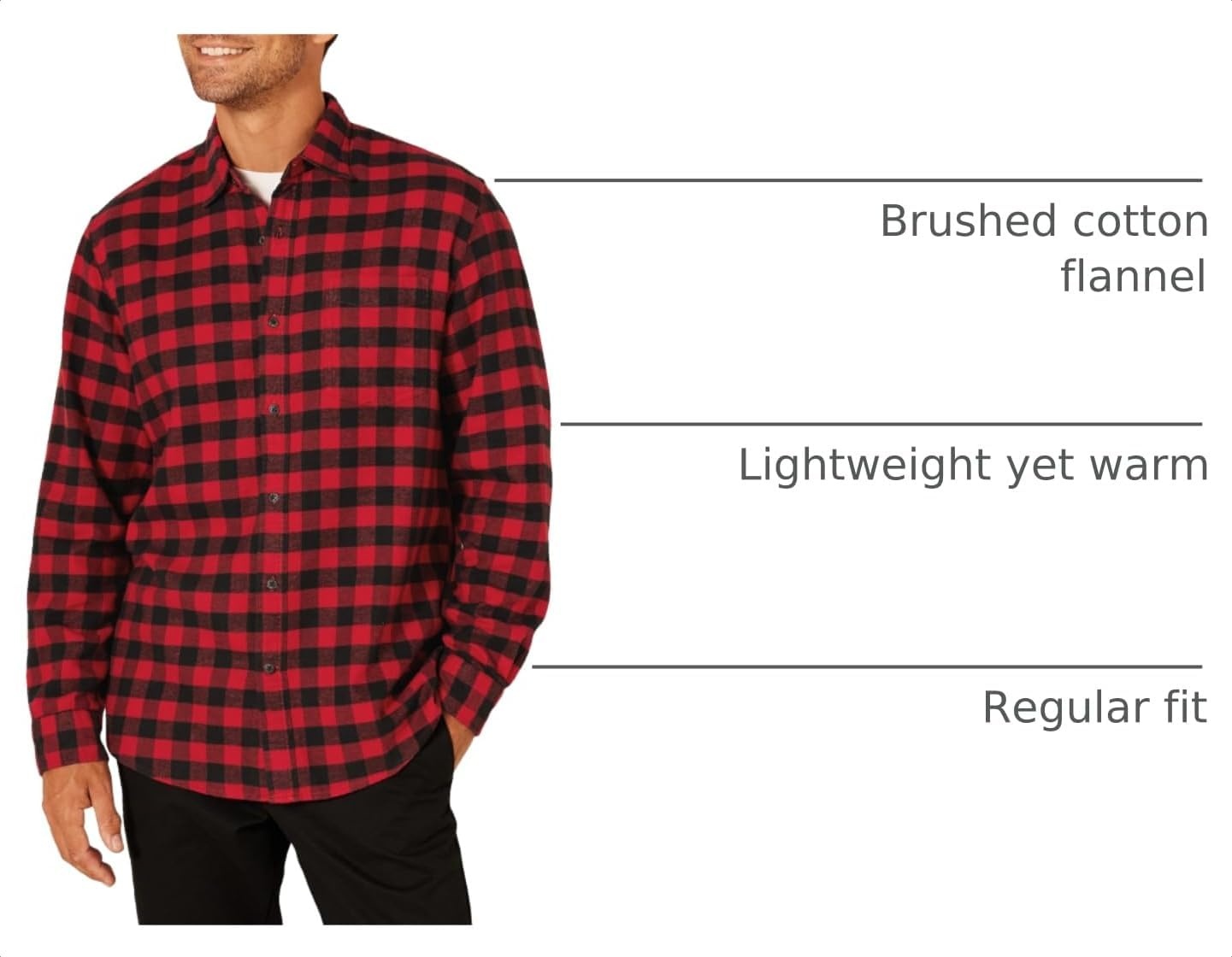 image:imageAmazon Essentials Mens Regular Fit LongSleeve Flannel Shirt Soft Brushed Cotton Lightweight yet WarmBlack Red Buffalo Plaid