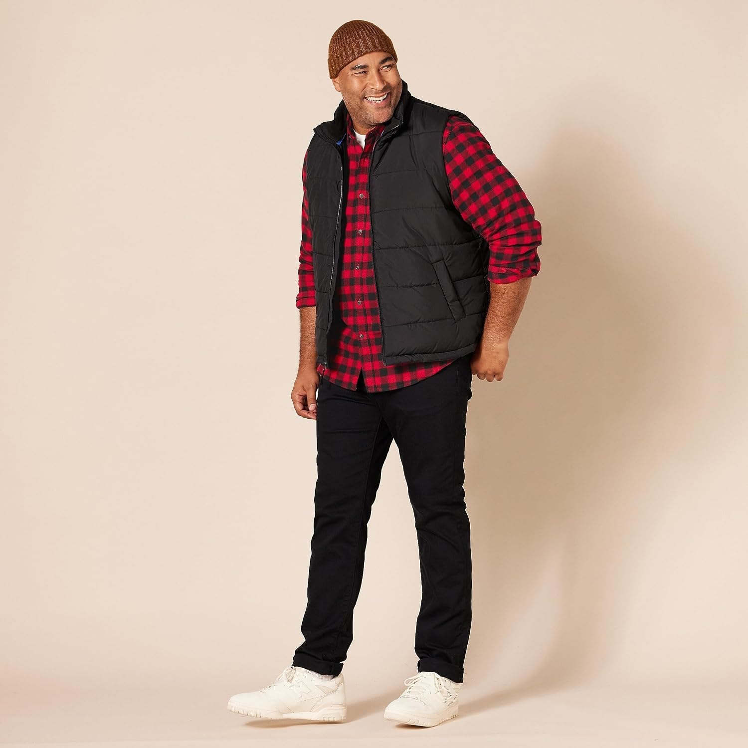 image:imageAmazon Essentials Mens Regular Fit LongSleeve Flannel Shirt Soft Brushed Cotton Lightweight yet WarmBlack Red Buffalo Plaid