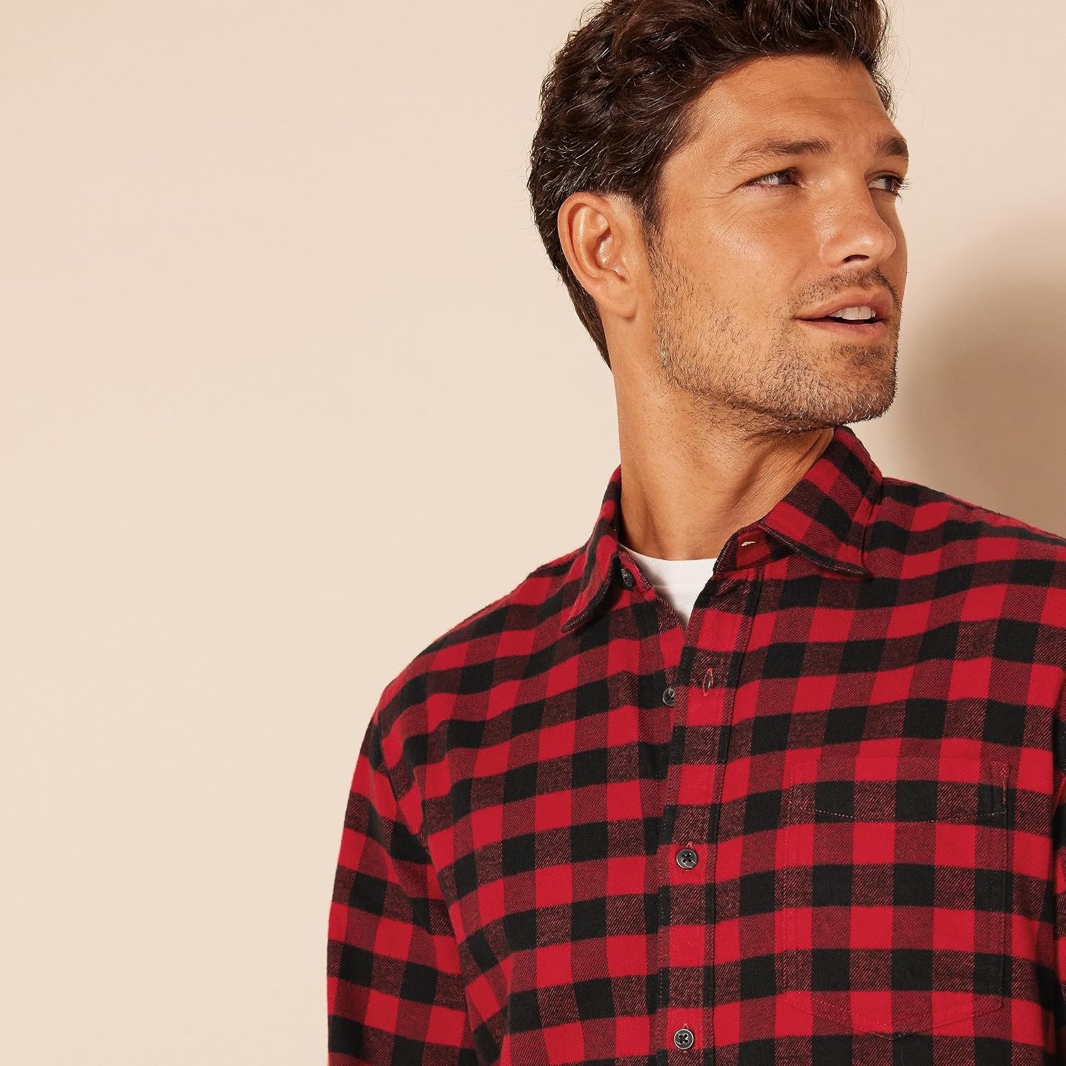 image:imageAmazon Essentials Mens Regular Fit LongSleeve Flannel Shirt Soft Brushed Cotton Lightweight yet WarmBlack Red Buffalo Plaid