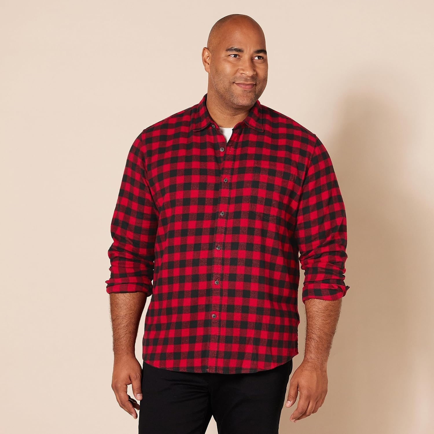image:imageAmazon Essentials Mens Regular Fit LongSleeve Flannel Shirt Soft Brushed Cotton Lightweight yet WarmBlack Red Buffalo Plaid