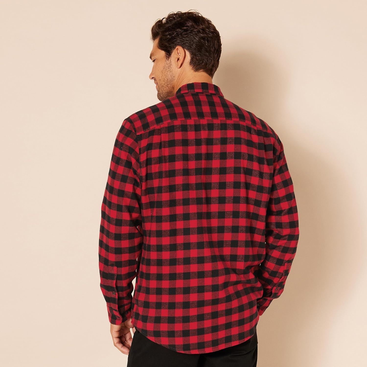 image:imageAmazon Essentials Mens Regular Fit LongSleeve Flannel Shirt Soft Brushed Cotton Lightweight yet WarmBlack Red Buffalo Plaid