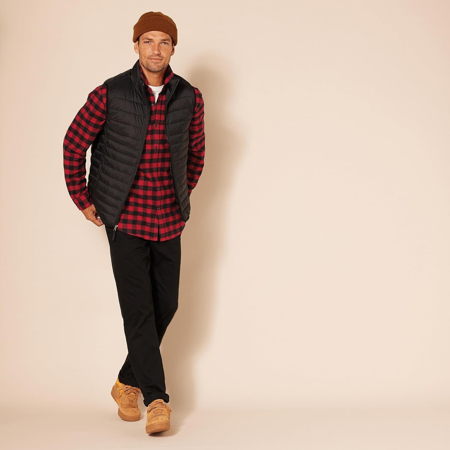 image:imageAmazon Essentials Mens Regular Fit LongSleeve Flannel Shirt Soft Brushed Cotton Lightweight yet WarmBlack Red Buffalo Plaid