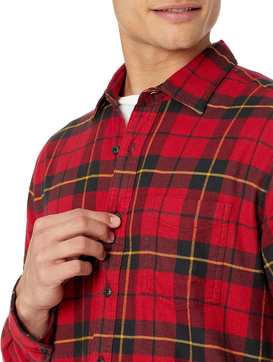 image:imageAmazon Essentials Mens Regular Fit LongSleeve Flannel Shirt Soft Brushed Cotton Lightweight yet WarmBlack Red Yellow Large Plaid