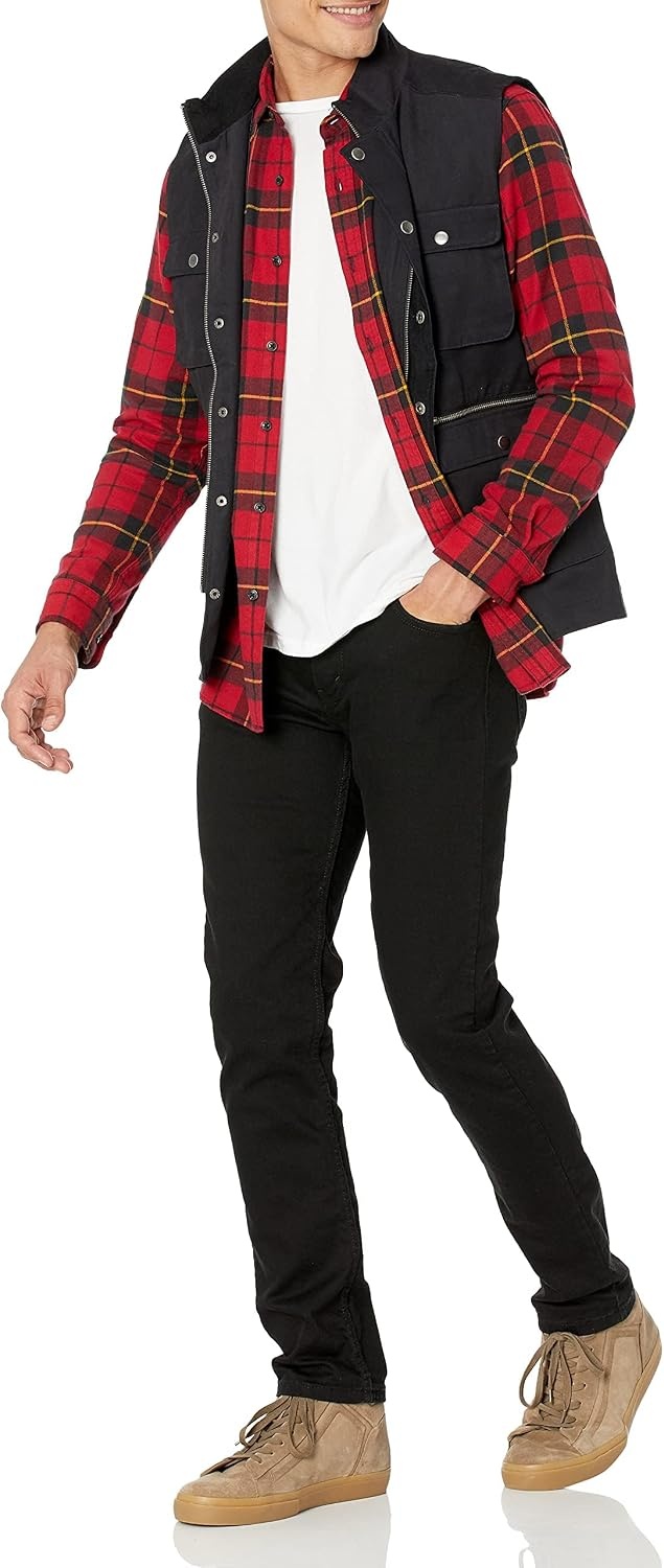 image:imageAmazon Essentials Mens Regular Fit LongSleeve Flannel Shirt Soft Brushed Cotton Lightweight yet WarmBlack Red Yellow Large Plaid