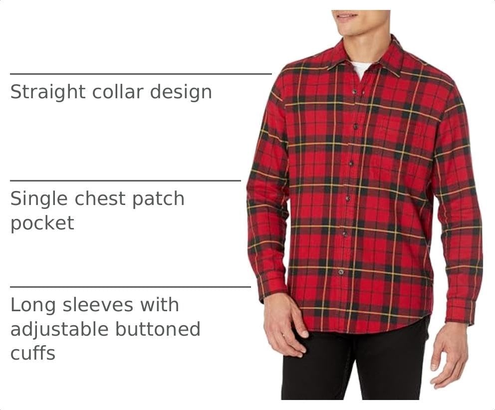 image:imageAmazon Essentials Mens Regular Fit LongSleeve Flannel Shirt Soft Brushed Cotton Lightweight yet WarmBlack Red Yellow Large Plaid