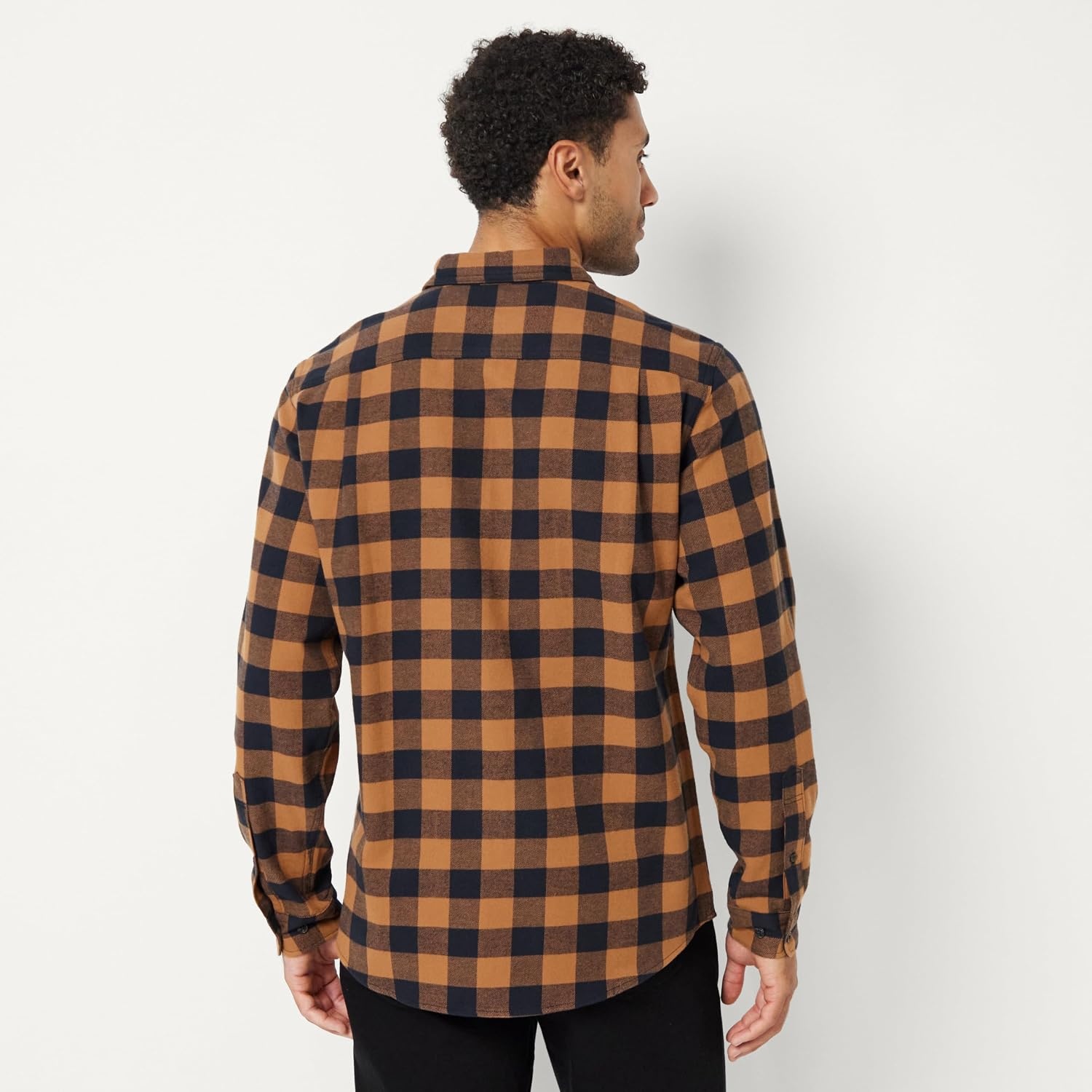 image:imageAmazon Essentials Mens Regular Fit LongSleeve Flannel Shirt Soft Brushed Cotton Lightweight yet WarmBlack Toffee Brown Buffalo Check