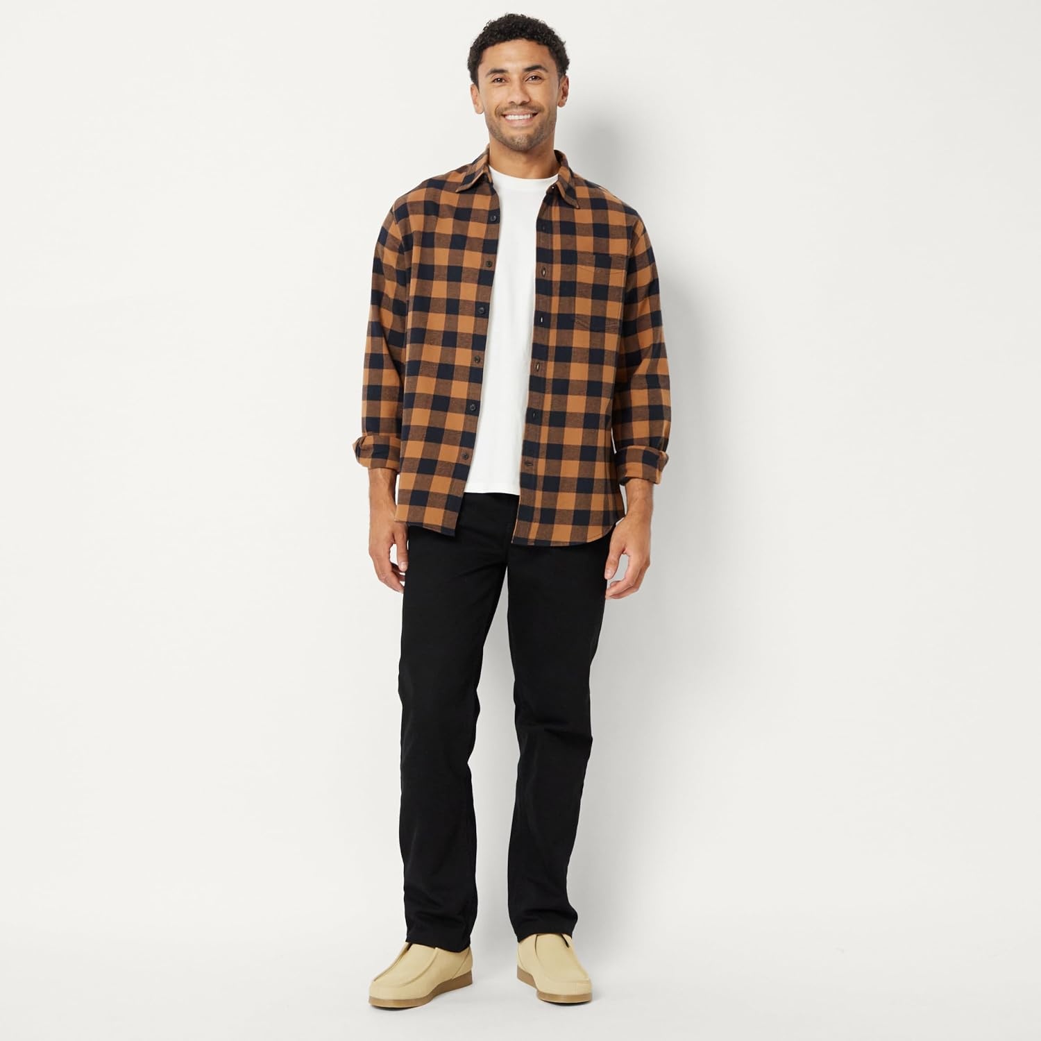 image:imageAmazon Essentials Mens Regular Fit LongSleeve Flannel Shirt Soft Brushed Cotton Lightweight yet WarmBlack Toffee Brown Buffalo Check