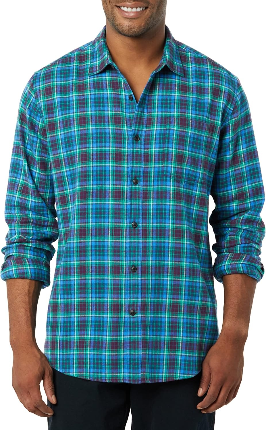 image:imageAmazon Essentials Mens Regular Fit LongSleeve Flannel Shirt Soft Brushed Cotton Lightweight yet WarmBlue Burgundy Green Plaid