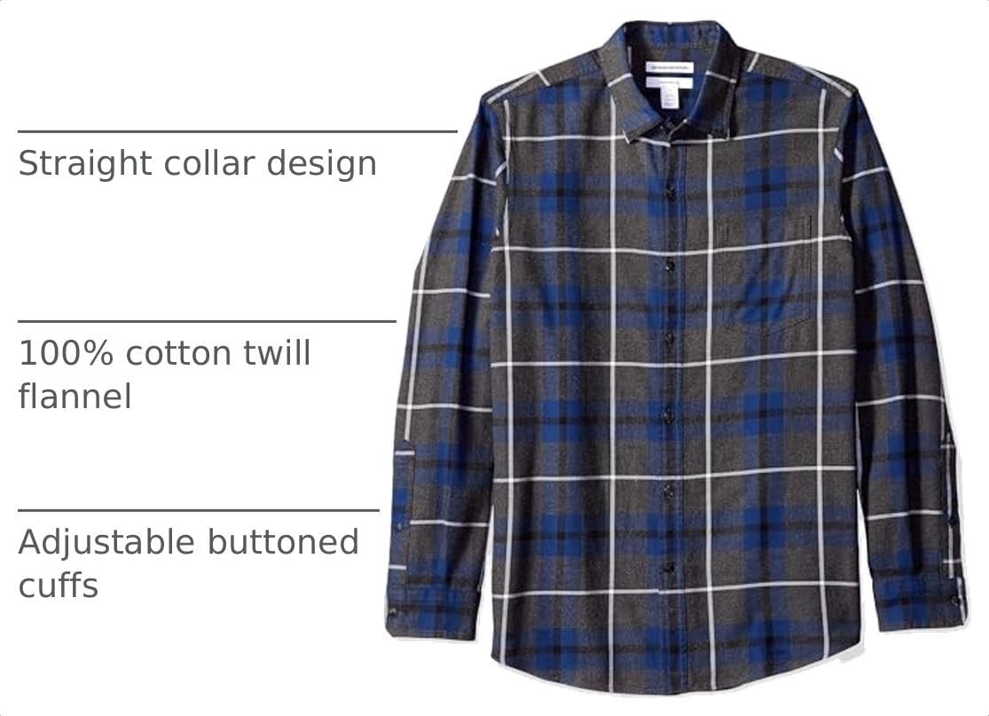 image:imageAmazon Essentials Mens Regular Fit LongSleeve Flannel Shirt Soft Brushed Cotton Lightweight yet WarmBlue Charcoal Heather Plaid