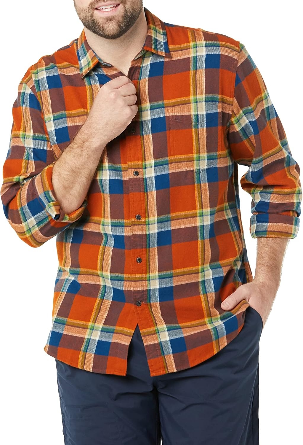 image:imageAmazon Essentials Mens Regular Fit LongSleeve Flannel Shirt Soft Brushed Cotton Lightweight yet WarmBlue Rust Orange Plaid