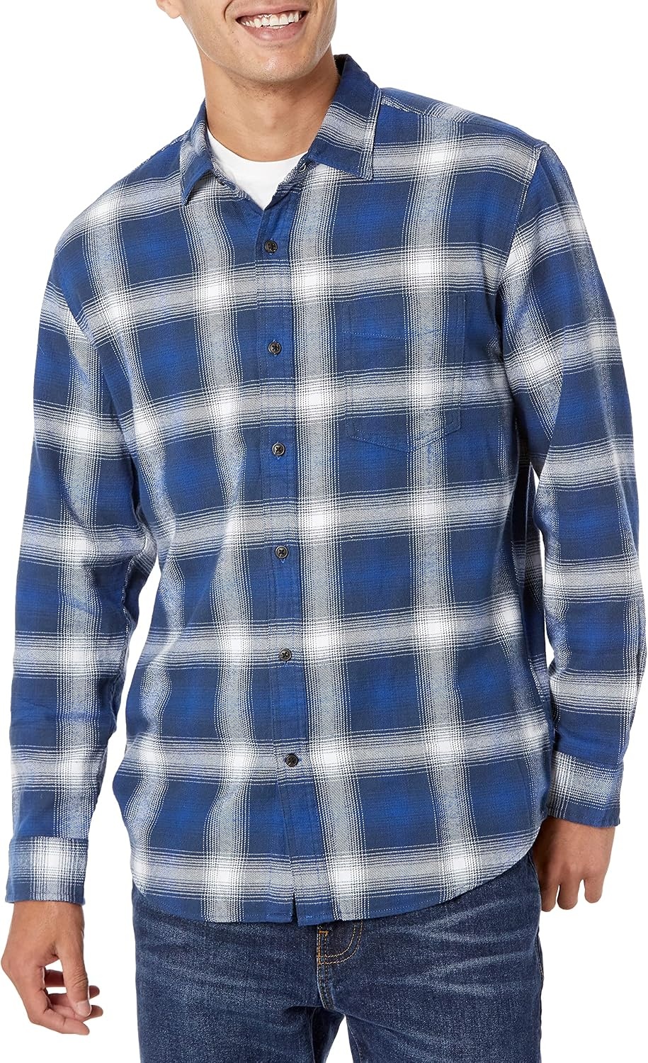 image:imageAmazon Essentials Mens Regular Fit LongSleeve Flannel Shirt Soft Brushed Cotton Lightweight yet WarmBlue White Large Plaid