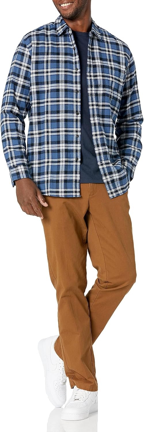 image:imageAmazon Essentials Mens Regular Fit LongSleeve Flannel Shirt Soft Brushed Cotton Lightweight yet WarmBlue White Plaid