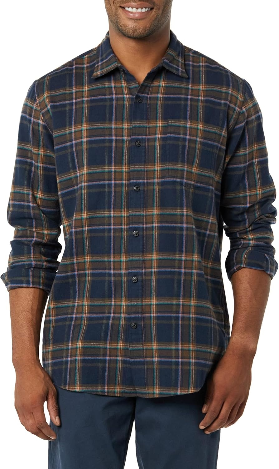 image:imageAmazon Essentials Mens Regular Fit LongSleeve Flannel Shirt Soft Brushed Cotton Lightweight yet WarmBrown Dark Navy Plaid