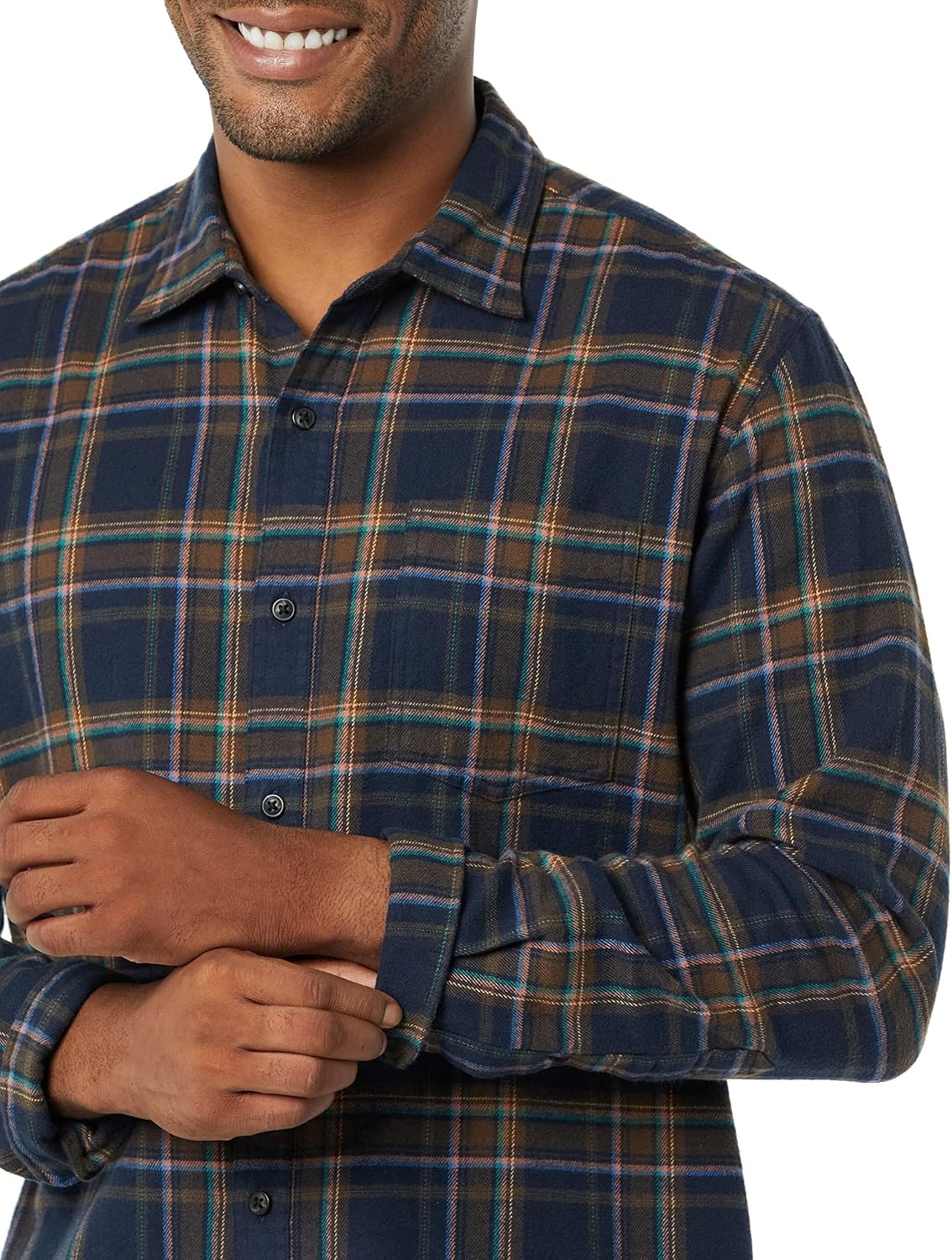 image:imageAmazon Essentials Mens Regular Fit LongSleeve Flannel Shirt Soft Brushed Cotton Lightweight yet WarmBrown Dark Navy Plaid