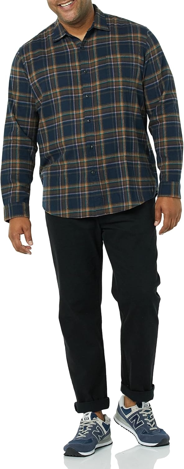 image:imageAmazon Essentials Mens Regular Fit LongSleeve Flannel Shirt Soft Brushed Cotton Lightweight yet WarmBrown Dark Navy Plaid