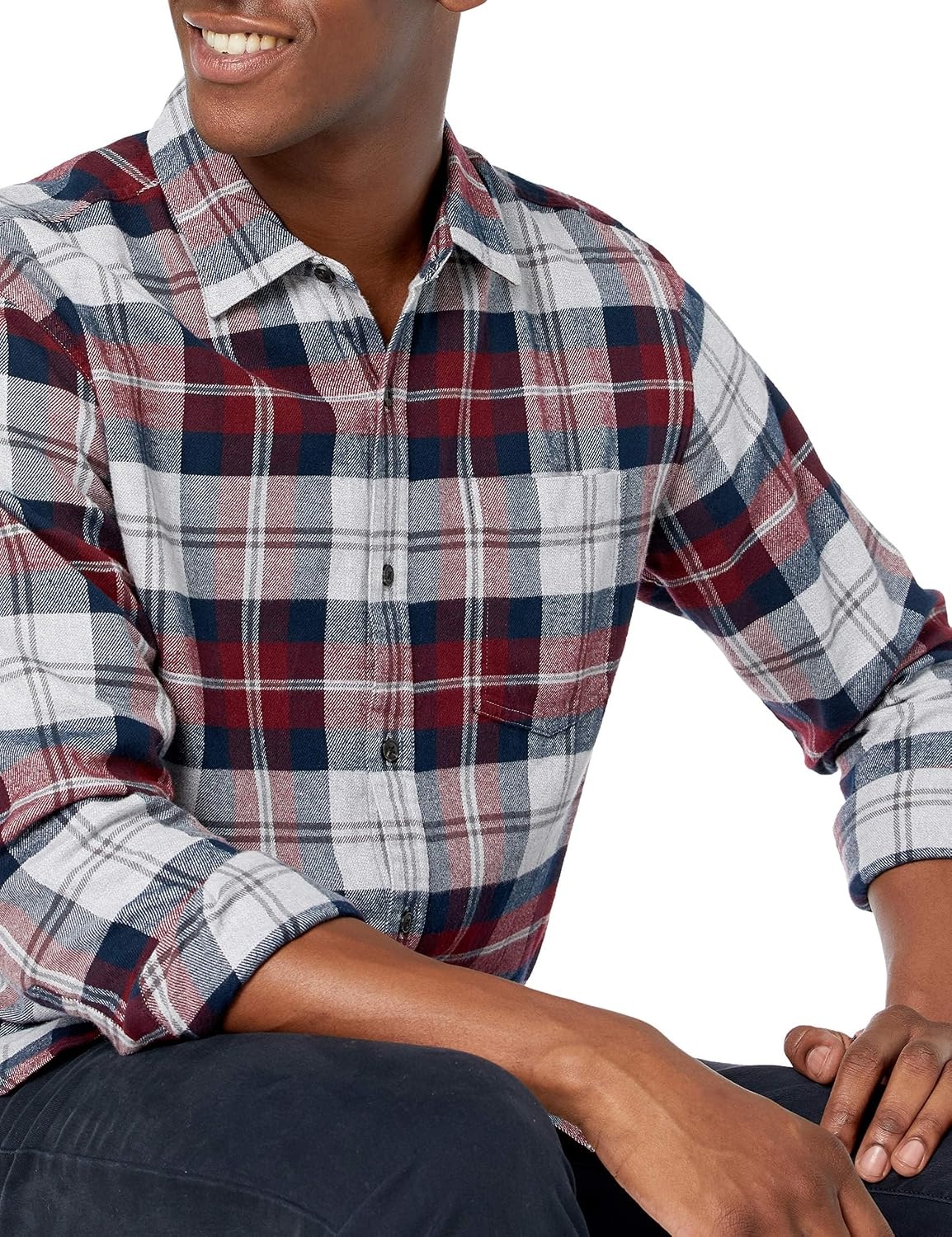 image:imageAmazon Essentials Mens Regular Fit LongSleeve Flannel Shirt Soft Brushed Cotton Lightweight yet WarmBurgundy Grey Plaid