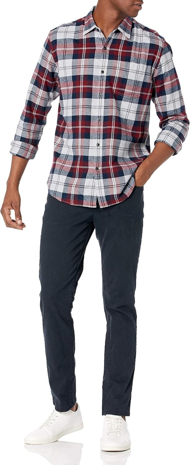 image:imageAmazon Essentials Mens Regular Fit LongSleeve Flannel Shirt Soft Brushed Cotton Lightweight yet WarmBurgundy Grey Plaid