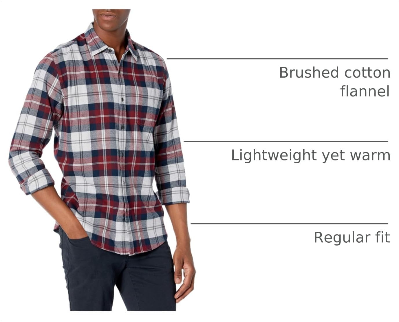 image:imageAmazon Essentials Mens Regular Fit LongSleeve Flannel Shirt Soft Brushed Cotton Lightweight yet WarmBurgundy Grey Plaid