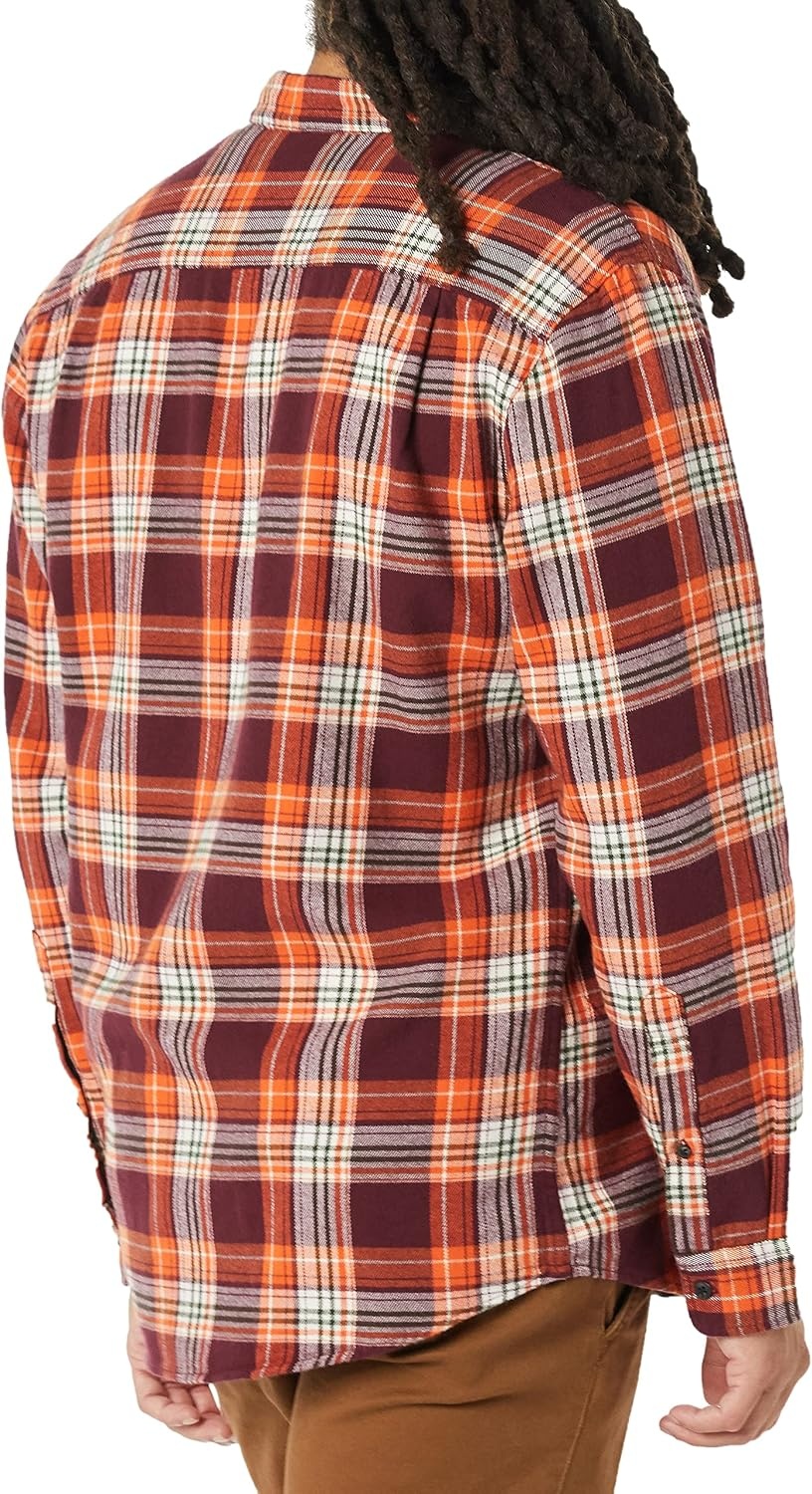 image:imageAmazon Essentials Mens Regular Fit LongSleeve Flannel Shirt Soft Brushed Cotton Lightweight yet WarmBurgundy Orange Plaid